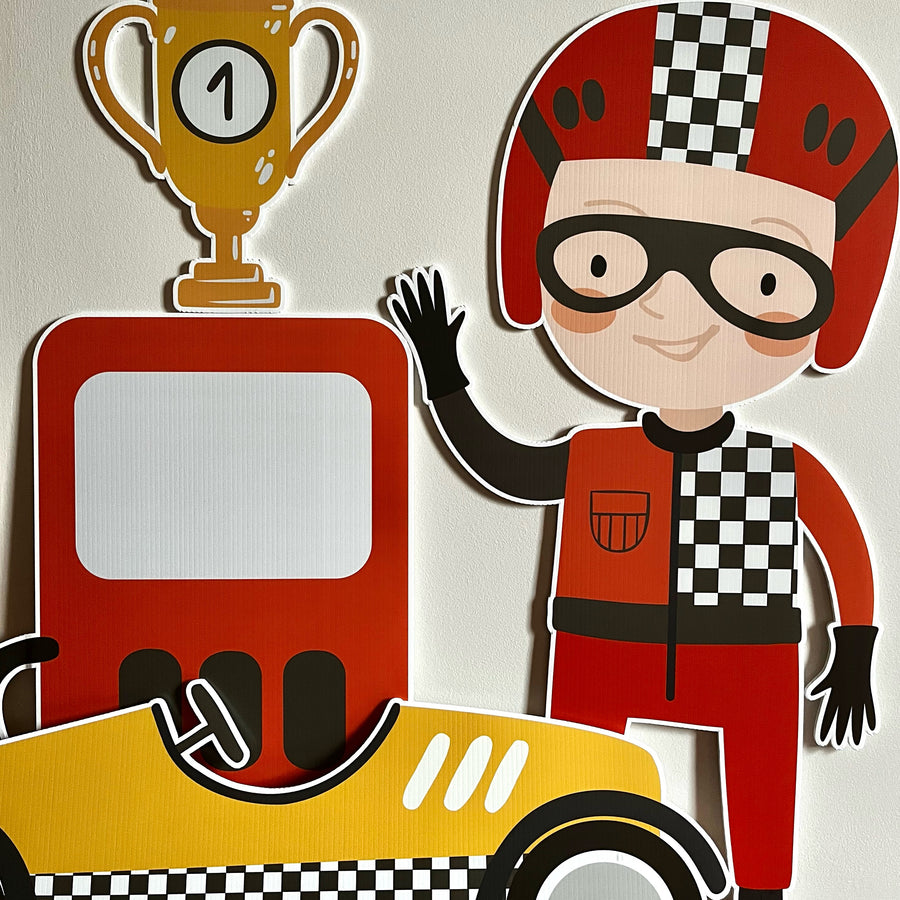 Custom racing driver cutouts with race car and trophy